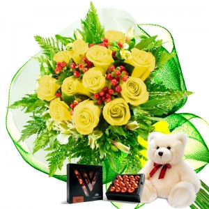 Oferta Ramo 12 Rosas Amarillas + Chocolate Gragea Varsovienne y Peluche