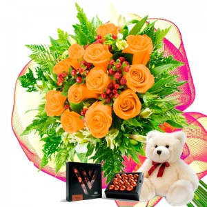 Oferta Ramo 12 Rosas Damasco + Chocolate Gragea Varsovienne y Peluche