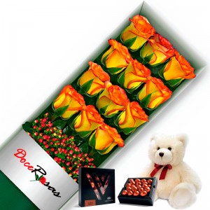 Caja con 12 Rosas Circus mas Peluche y Chocolate