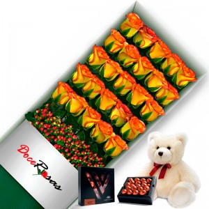 Caja con 24 Rosas Circus mas Peluche y Chocolate