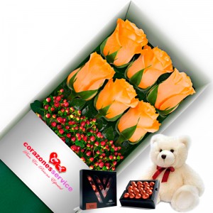 Caja con 6 Rosas Damasco mas Peluche y Chocolate