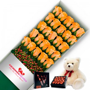 Caja con 24 Rosas Damasco mas Peluche y Chocolate
