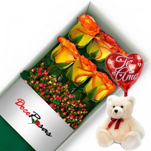 CAJA CON 6 ROSAS CIRCUS MAS PELUCHE Y GLOBO