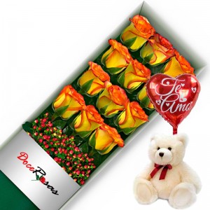 CAJA CON 12 ROSAS CIRCUS MAS PELUCHE Y GLOBO