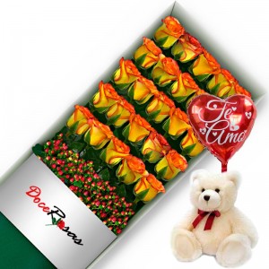 CAJA CON 24 ROSAS CIRCUS MAS PELUCHE Y GLOBO