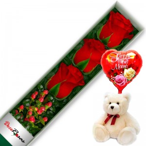 CAJA CON 3 ROSAS ROJAS MÁS PELUCHE Y GLOBO DÍA DE LA MAMÁ CAJA CON 3 ROSAS ROJAS MÁS PELUCHE Y GLOBO DÍA DE LA MAMÁ
