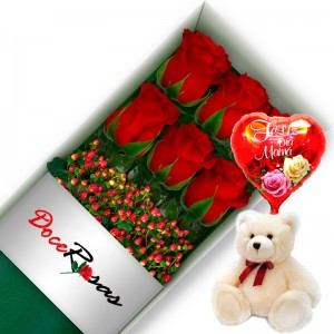 CAJA CON 6 ROSAS ROJAS MÁS PELUCHE Y GLOBO DÍA DE LA MAMÁ CAJA CON 6 ROSAS ROJAS MÁS PELUCHE Y GLOBO DÍA DE LA MAMÁ