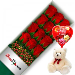 CAJA CON 12 ROSAS ROJAS MÁS PELUCHE Y GLOBO DÍA DE LA MAMÁ CAJA CON 12 ROSAS ROJAS MÁS PELUCHE Y GLOBO DÍA DE LA MAMÁ