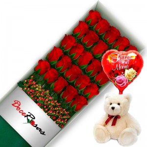 CAJA CON 24 ROSAS ROJAS MÁS PELUCHE Y GLOBO DÍA DE LA MAMÁ CAJA CON 24 ROSAS ROJAS MÁS PELUCHE Y GLOBO DÍA DE LA MAMÁ