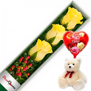 CAJA CON 3 ROSAS AMARILLAS MÁS PELUCHE Y GLOBO DÍA DE LA MAMÁ CAJA CON 3 ROSAS AMARILLAS MÁS PELUCHE Y GLOBO DÍA DE LA MAMÁ