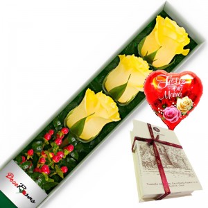 CAJA CON 3 ROSAS AMARILLAS MÁS CHOCOLATE Y GLOBO DÍA DE LA MAMÁ CAJA CON 3 ROSAS AMARILLAS MÁS CHOCOLATE Y GLOBO DÍA DE LA MAMÁ
