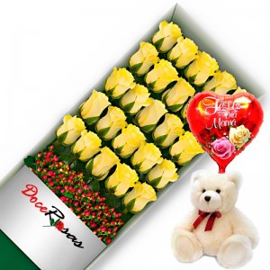 CAJA CON 24 ROSAS AMARILLAS MÁS PELUCHE Y GLOBO DÍA DE LA MAMÁ